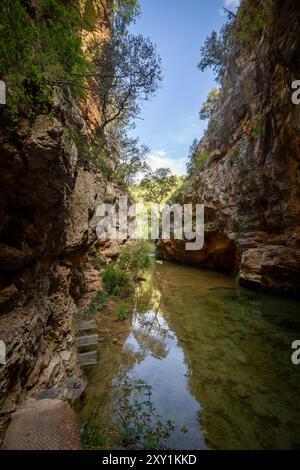 Vertikaler Blick auf einen Abschnitt der beeindruckenden Meerenge des Ebron, Teruel, Aragon, Spanien, zwischen hohen Felswänden und transparentem Wasser mit Gehwegen f Stockfoto