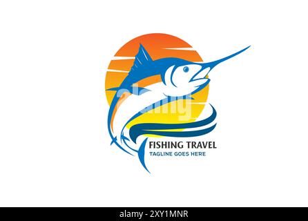 Sonnenuntergang Meer Ozean mit springendem Thunfisch Marlin Schwert Fisch für Angeln Sport Travel Club Logo Design Vektor Stock Vektor