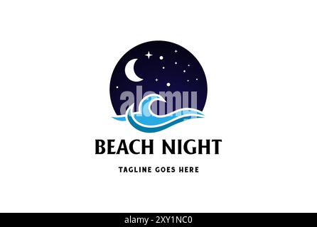Moderne Nacht Mond Stern Ozean Strand Meer mit Welle für Reise Abenteuer Logo Design Vektor Stock Vektor