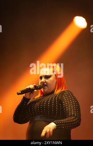 Beth Ditto von der Gossip Band tritt live am zweiten Tag des Rock en seine Festivals in Paris auf. Gossip Band trat am zweiten Tag des Rock en seine Festivals im Domaine National Saint-Cloud in Paris auf. Stockfoto