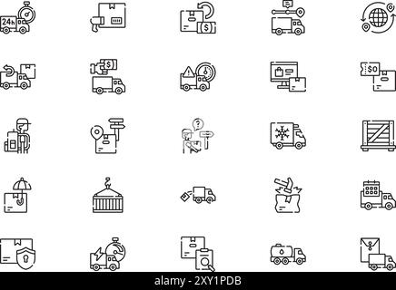 Die Sammlung der Liefersymbole ist eine Vektorillustration mit bearbeitbarer Kontur. Stock Vektor