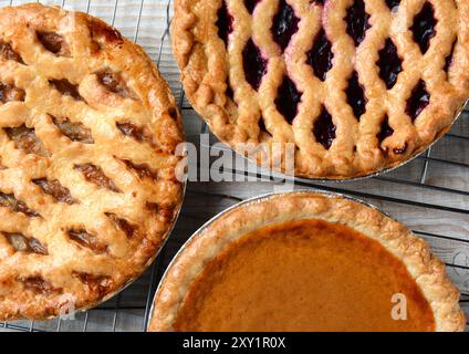 Drei Kuchen auf Kühlregalen. Großer Nahaufnahme von frisch gebackenen Apfel-, Kirsch- und Kürbiskuchen auf Drahtgestellen auf einem rustikalen Küchentisch aus Holz. Horiz Stockfoto