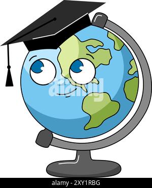 Globus mit Graduiertenmütze, Zeichentrickstil, Vektor-Illustration. Stock Vektor