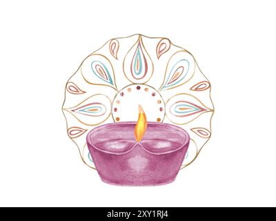 Rosa Keramik brennende Diwali Diya vor floraler geometrischer Rangoli Aquarellillustration. Weihnachtskerzenlampe für Festivals Stockfoto