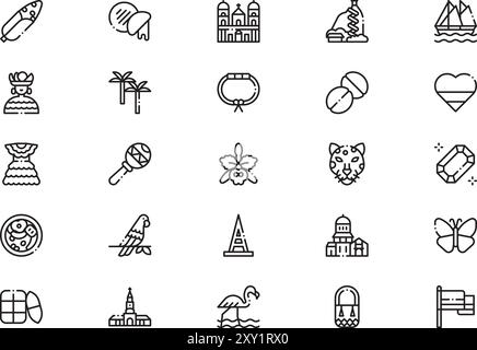 Kolumbien Icons Collection ist eine Vektorillustration mit bearbeitbarer Kontur. Stock Vektor