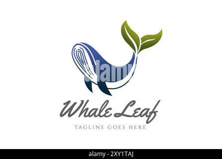 Einfacher minimalistischer Ozean Walfisch mit grünem Blatt Schwanz Logo Design Vektor Stock Vektor