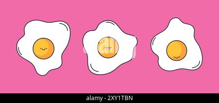 Niedliche Spiegelei-Symbole. Lustige Zeichentrickeier. Symbole für gesunde Lebensmittel. Vektorabbildung Stock Vektor