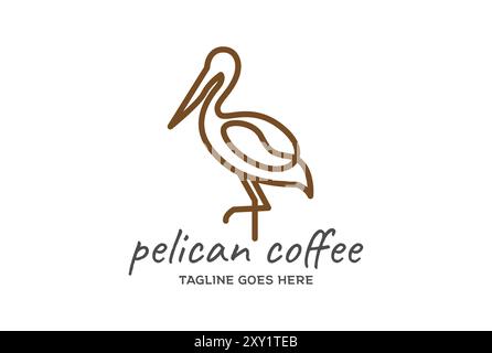 Einfacher minimalistischer Flamingo Pelikan Stork Reiher Vogel mit Kaffee Linie Umriss für Cafe Logo Design Vektor Stock Vektor