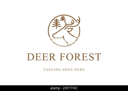 Einfacher minimalistischer Hirschkopf mit Kiefer immergrüner Nadelholz Zedernholz Lärchenbaum Wald für Outdoor Abenteuer Logo Design Vektor Stock Vektor