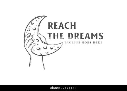 Vintage Retro Hand Hold Crescent Moon für REACH Dream Shirt Logo Design Vektor Stock Vektor