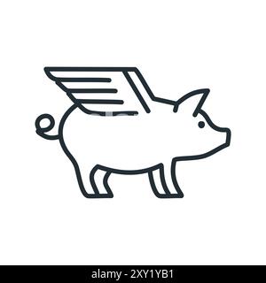 Illustration des Symbols fliegende Schweine. Schwarz-weiße Linienzeichnung eines Schweins mit Flügeln. Das Symbol steht für Freiheit, Kreativität und Denken außerhalb des bo Stock Vektor