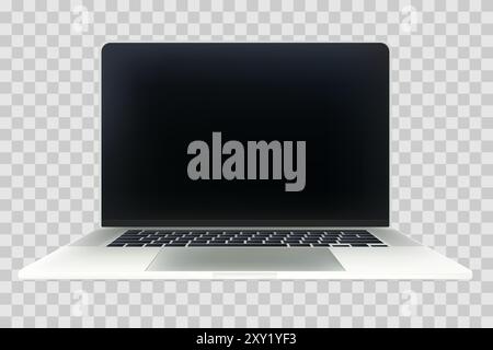 Präsentationsvorlage für Laptop-Modelle. Vektor-realistische 3D-isometrische Illustration eines silbernen offenen Computers auf transparentem Hintergrund. Leerer Bildschirm Stock Vektor