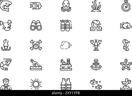 Die Kollektion Ocean Icons ist eine Vektorillustration mit bearbeitbarer Kontur. Stock Vektor