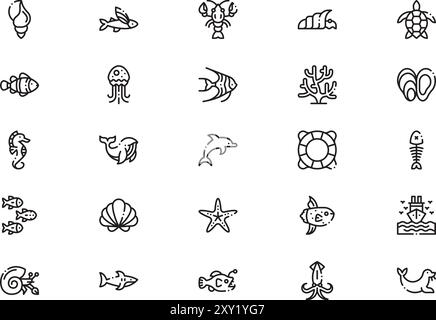 Die Kollektion Sealife Icons ist eine Vektorillustration mit bearbeitbarem Kontur. Stock Vektor