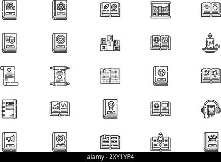 Die Sammlung von Symbolen für die Alphabetisierung ist eine Vektorillustration mit bearbeitbarem Kontur. Stock Vektor