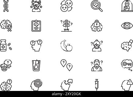 Die Sammlung Alzheimer Icons ist eine Vektorillustration mit bearbeitbarem Schlaganfall. Stock Vektor