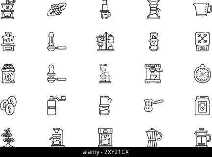 Die Sammlung von Symbolen für die Kaffeeproduktion ist eine Vektorillustration mit bearbeitbarem Strich. Stock Vektor