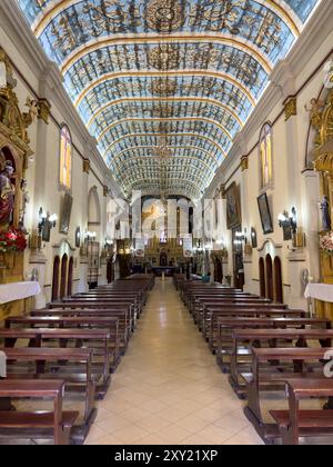 Das Kirchenschiff und die bemalte Tunnelgewölbe der Kathedrale von San Salvador de Jujuy, Argentinien. Stockfoto