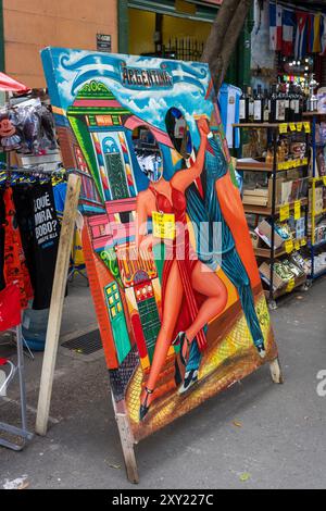 Ein Fototapet für Touristen, um Erinnerungsfotos von sich selbst als Tangotänzer in Caminito, La Boca, Buenos Aires, Argentinien zu machen. Stockfoto