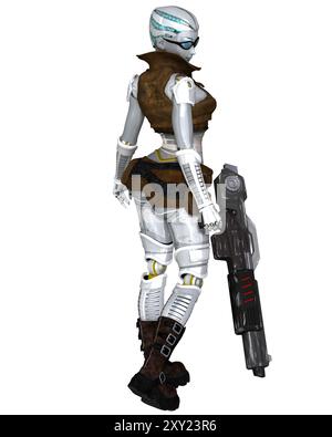Weibliche Cyborg Adventurin mit Riesengewehr, Rückansicht Stockfoto