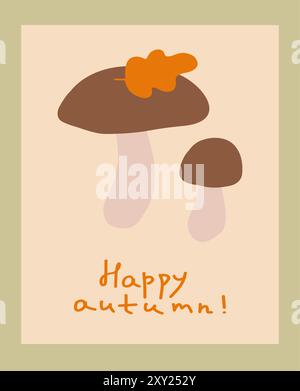 Herbstillustration mit zwei Pilzen mit einem Orangenblatt in einer warmen, erdigen Farbpalette Stock Vektor
