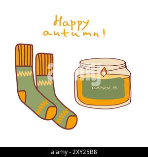 Gemütlicher Herbstgruß mit warmen Socken und einer duftenden Kerze in einer verspielten Illustration auf hellem Hintergrund Stock Vektor