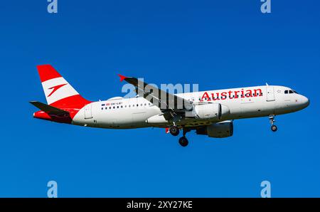 Zürich, Schweiz, 10. Mai 2024: Ein Austrian Airlines Airbus A320-214 ist auf seinem letzten Anflug zum Flughafen Zürich. Registrierung OE-LBT. (Foto von einem Stockfoto