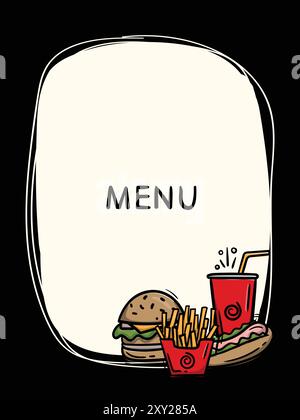 Einfache schwarze, handgezeichnete Menüvorlage. Fastfood-Rahmendesign. Vektor-Illustration von Burger, Pommes, Hot Dog, Cola Stock Vektor