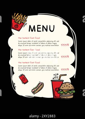 Einfache schwarze Menüvorlage. Design für Restaurant, Café, Fast Food. Vektor-Illustration von Burger, Pommes, Hot Dog, Cola Stock Vektor