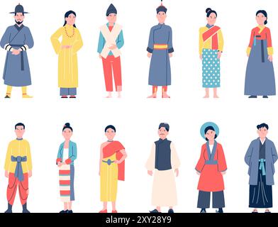 Asiatische Zeichen. Menschen in traditionellen Outfits, chinesisch-koreanisch-japanisch. Männliche Frau aus asien, nationale ethnische jüngste Vektor Stock Vektor