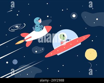 Rennen im Kosmos. Astronaut und Grüne Haut Alien in Raumschiffen, die im Universum fliegen. Galaxy Riders, Cartoon Flat Adventures neue Vektor-Illustration Stock Vektor