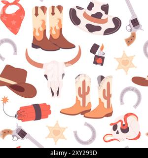 Stylisches, nahtloses Cowboy-Muster. Tierschädel hat Dynamit-Pistole und Sheriff-Star. Wilde westliche Stofftapete Druckdesign, rassiger Vektor-Hintergrund Stock Vektor