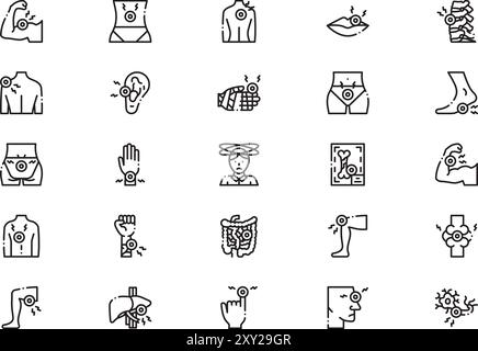 Die Sammlung „Body Ach Icons“ ist eine Vektorillustration mit bearbeitbarer Kontur. Stock Vektor