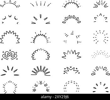 Doodle Sunburst. Sonnenstrahlen, Sonnenstrahlen im Pop-Stil. Emotionale Manga-Elemente, Überraschungsbilder. Feuerwerk-Comic, Sonnenstrahlen klassisches Vektorset Stock Vektor