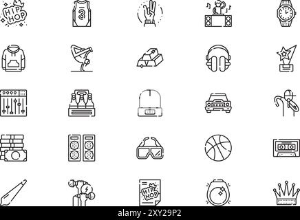 Die Hip-Hop-Icons-Kollektion ist eine Vektorillustration mit bearbeitbarem Strich. Stock Vektor