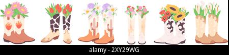 Dekorative Cowboystiefel Sträuße. Blumen in Schuhen, Gartendekorationselemente. Westlicher Stil, Modeaccessoires für zu Hause, rassiges Vektor-Set Stock Vektor