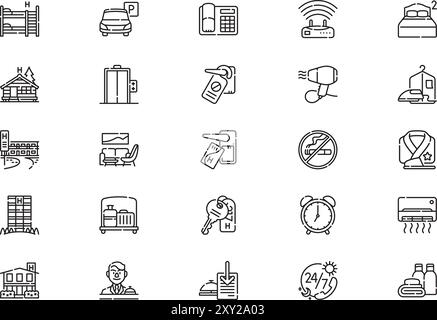Die Sammlung der Hotelsymbole ist eine Vektorillustration mit bearbeitbarem Kontur. Stock Vektor