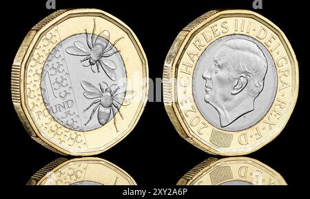 Die jüngste Münze, die im August 2024 in Großbritannien in Umlauf ist, ist die 2023 King Charles III £1 Münze mit einem Bienenmotiv auf der Rückseite. Stockfoto