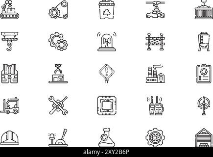 Die Kollektion der Factory Icon Pack ist eine Vektorillustration mit bearbeitbarem Kontur. Stock Vektor