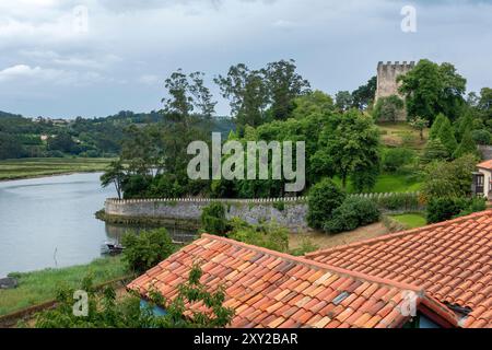 Eingebettet zwischen lebendigen Bäumen und rustikalen Häusern, befindet sich das beeindruckende Schloss von San Martin auf dem Camino Norte neben dem Fluss Nalon in Soto del Barco, Spanien Stockfoto