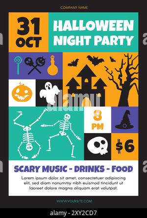 Vertikale Einladung zu Halloween A4 Weihnachtsfeier Poster mit tanzenden Skeletten, Schädel und festlichem Tag. Vorlage zum Drucken, Ankündigungsposter für in Stock Vektor