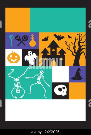 Tanzende Skelette, Geister, gruseliger Schädel, lachender Kürbis, Vampirburg mit Fledermäusen auf der Rückseite farbenfroher Fliesen. Halloween Party Poster Grafik a4 templ Stock Vektor