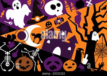 Horizontales A4-Poster mit Halloween-Gruß in Dunkelblau und Kürbisorange mit festlichen gruseligen Elementen. Vorlage zum Drucken, Ankündigung Stock Vektor