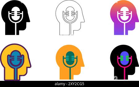 Podcast-Logosymbole, die Kopf- und Mikrofon-Silhouetten kombinieren und die Verbindung zwischen Gedanken und Stimme symbolisieren. Variationen sind Minimalist, gradi Stock Vektor