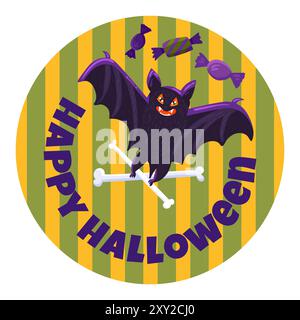 Festlicher runder Aufkleber mit fliegenden Vampirfledermaus mit überkreuzten Knochen in Pfoten, Süßigkeiten und Happy Halloween-Inschrift. Weihnachtsabzeichen. Farbe Stock Vektor