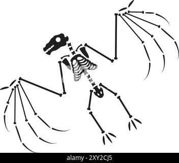 Verfallener Halloween geflügelter Vampir mit getrockneten Skelettknochen, märchenhafter gruseliger Charakter. Gruseliges altes Fossil von geflügelten Vampiren. Schlichtes Schwarz und weiß Stock Vektor