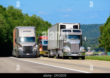 Knoxville, Tennessee, USA – 20. August 2024: Horizontale Aufnahme von drei schweren Halbfinis, die in der Sommerhitze auf der interstate unterwegs sind. Hitzewellen ri Stockfoto