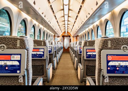 Osaka, Japan - 05.12.2024: Das leere Innere des Nankai Rapit Express-Zuges. Transfer mit dem Zug zum Flughafen Kansai Stockfoto