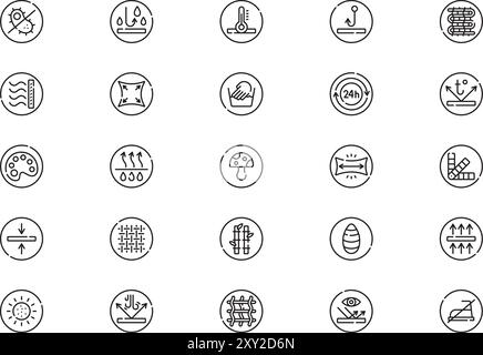 Die Kollektion „Fabric Features Icons“ ist eine Vektorillustration mit bearbeitbarer Kontur. Stock Vektor