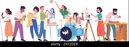 Hobbygruppe für Menschen. Freunde Team mit verschiedenen Hibbys verschiedene, Menschen Masse vielfältige kreative Aktivität Kunst Gemeinschaft genießen Unterhaltung talanted Personen Vektor Illustration Original Kunstwerk Stock Vektor